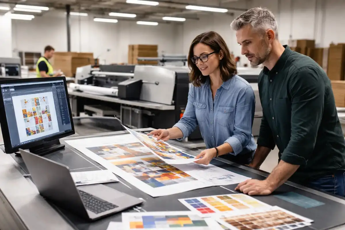 Prepress experts checking a color proof on press