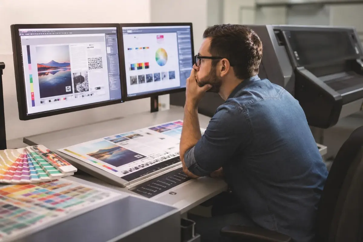 Prepress technicians reviewing printed sheets