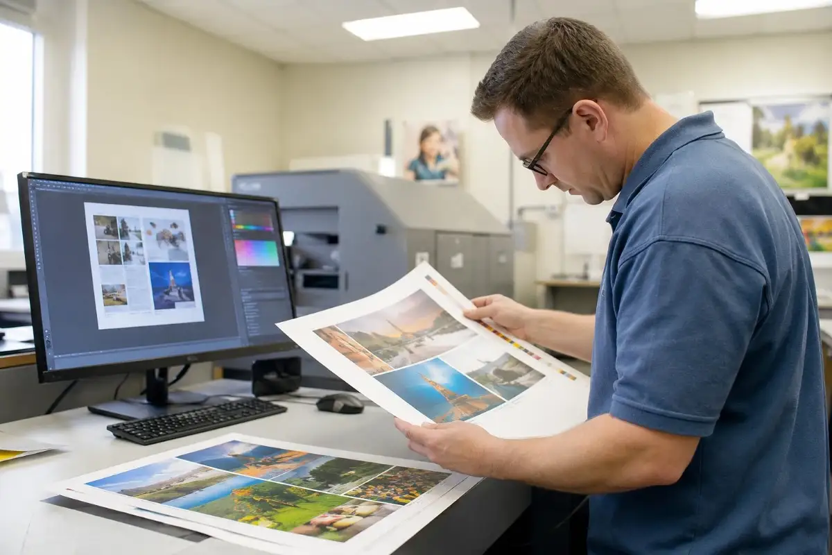 Prepress experts checking a color proof on press