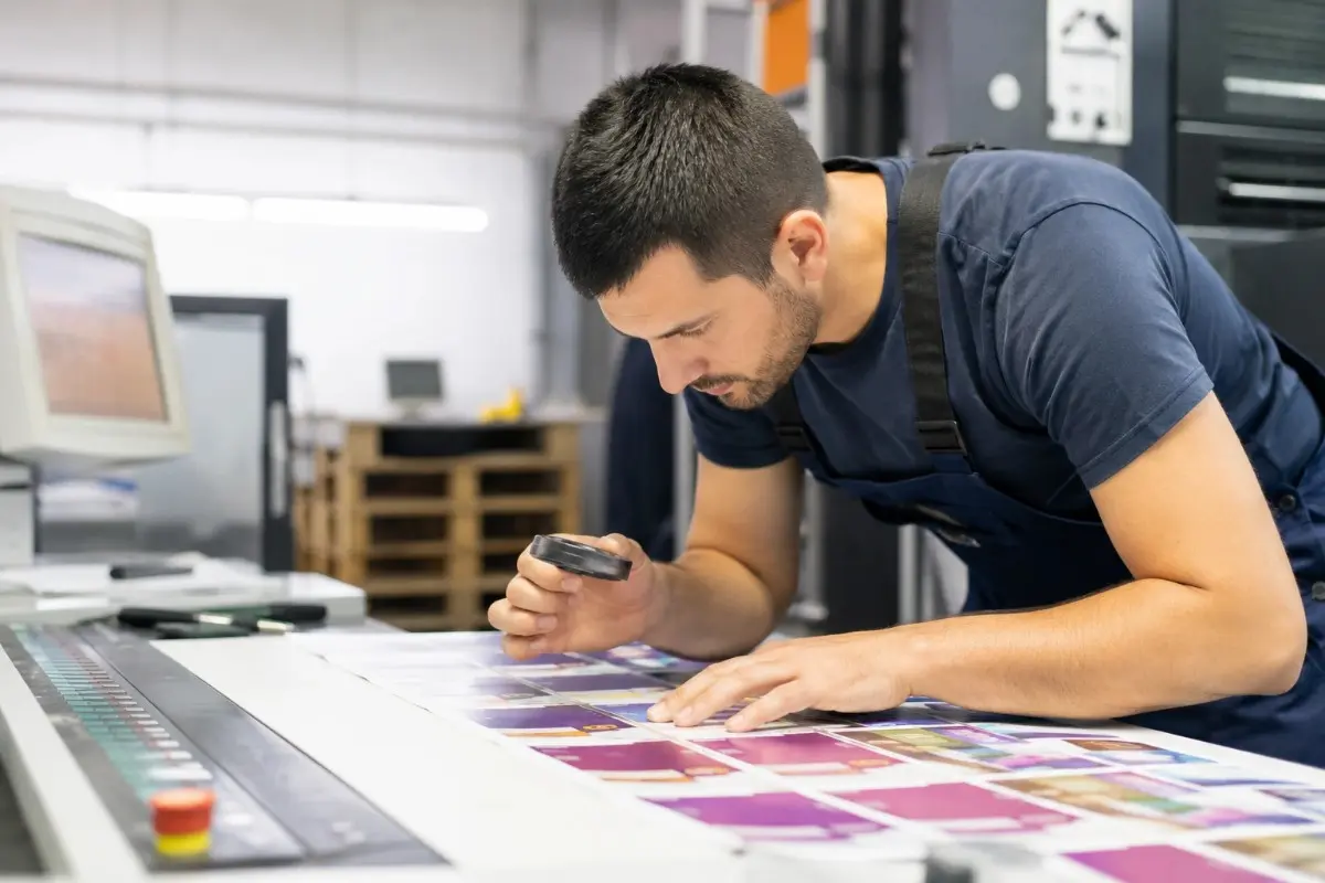 Prepress experts checking a color proof on press