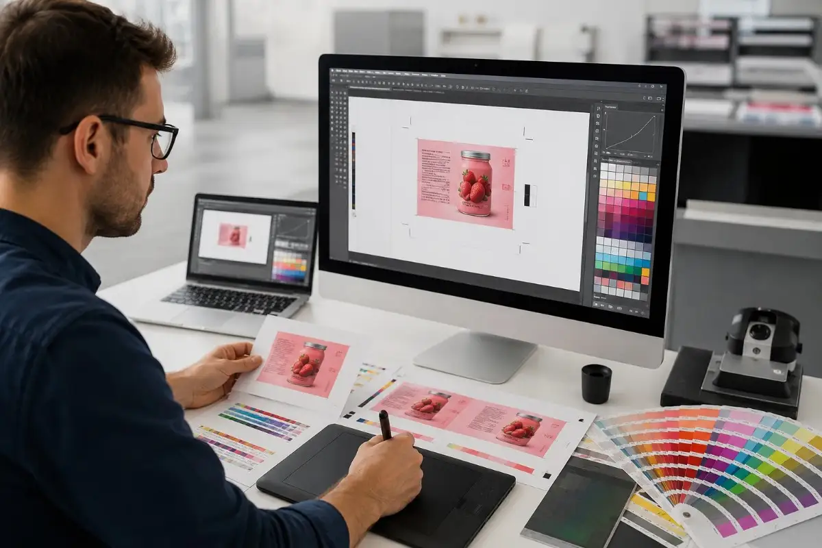 Prepress experts checking a color proof on press