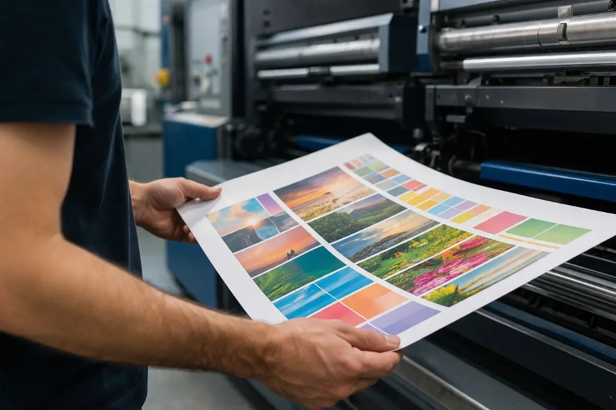 Prepress experts checking a color proof on press