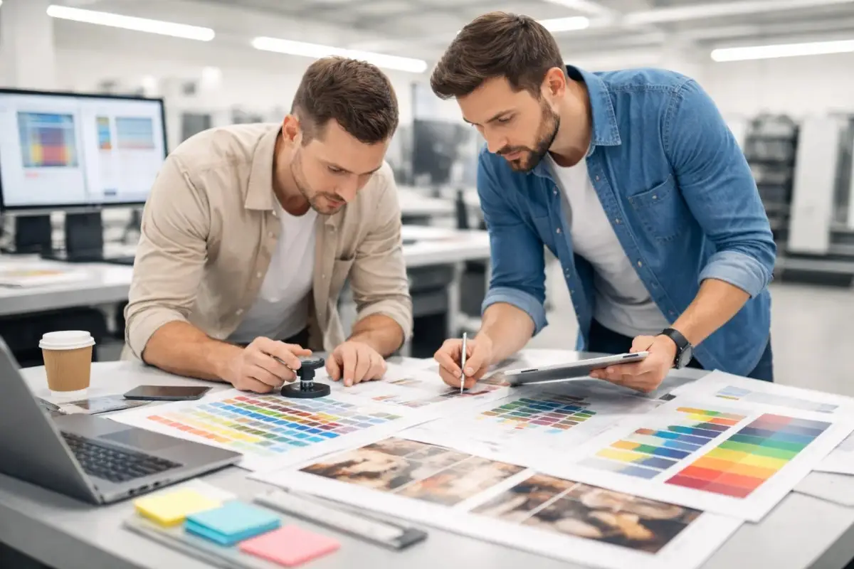 Prepress experts checking a color proof on press