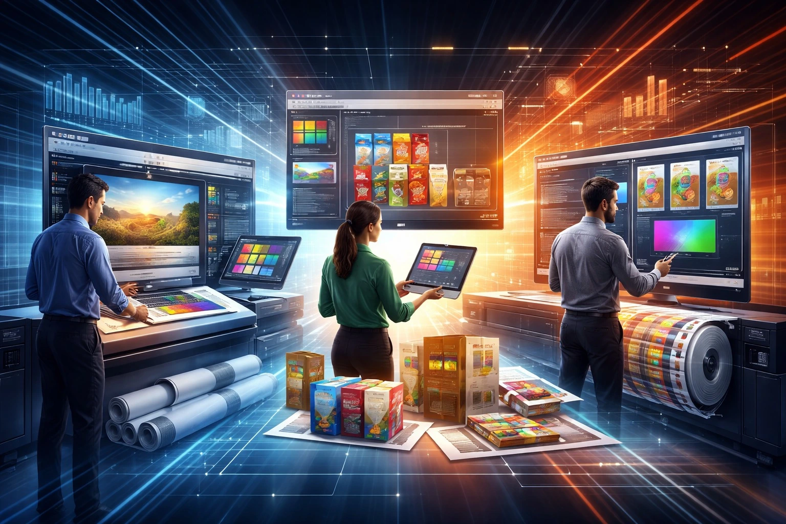 Prepress experts checking a color proof on press