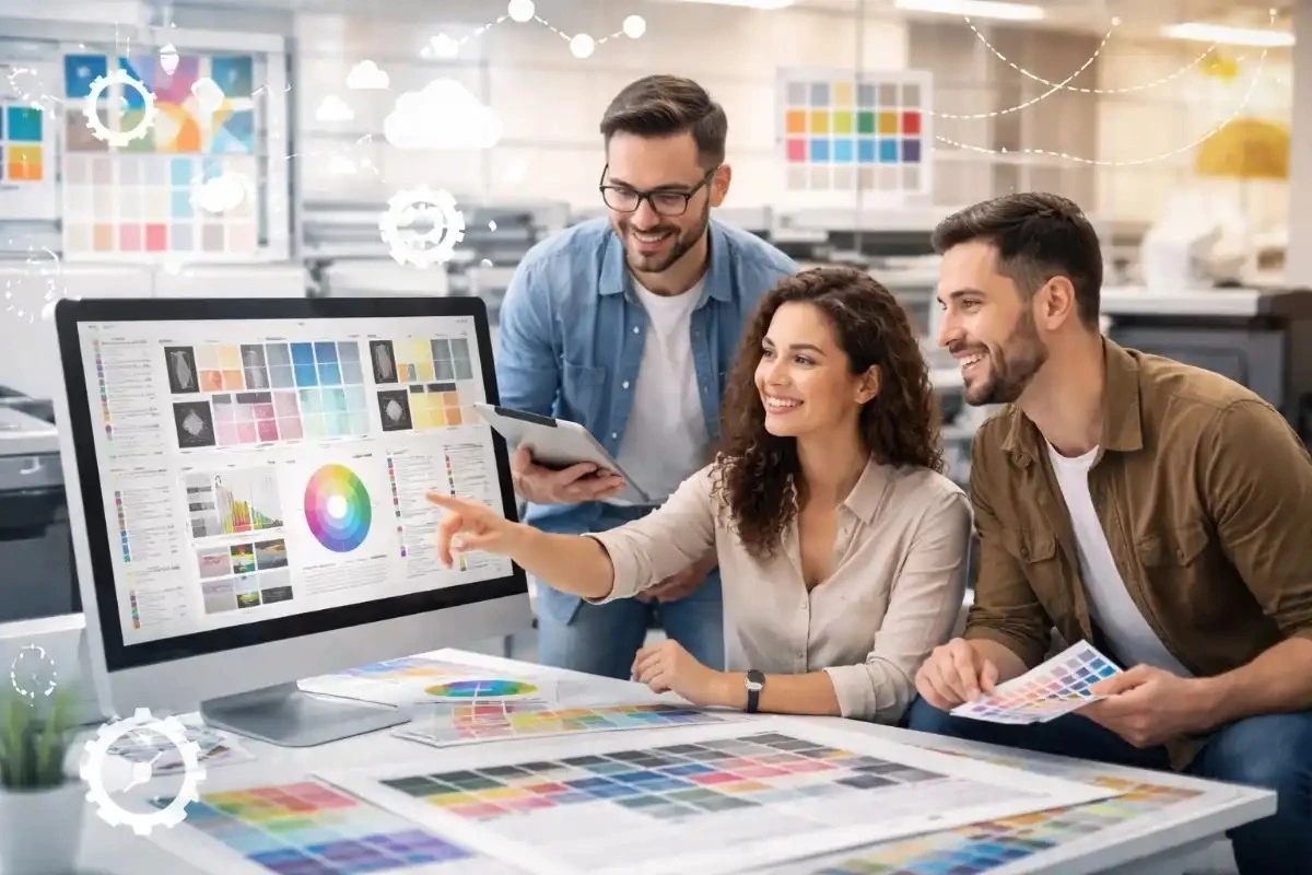 Prepress experts checking a color proof on press