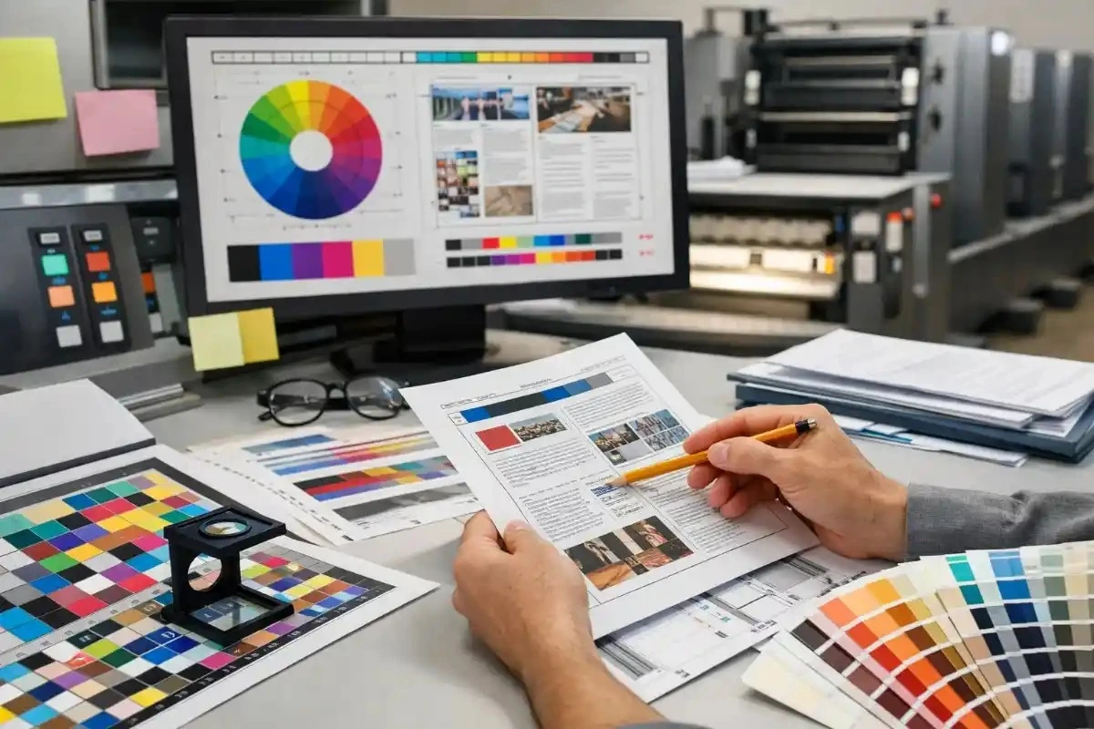 Prepress experts checking a color proof on press