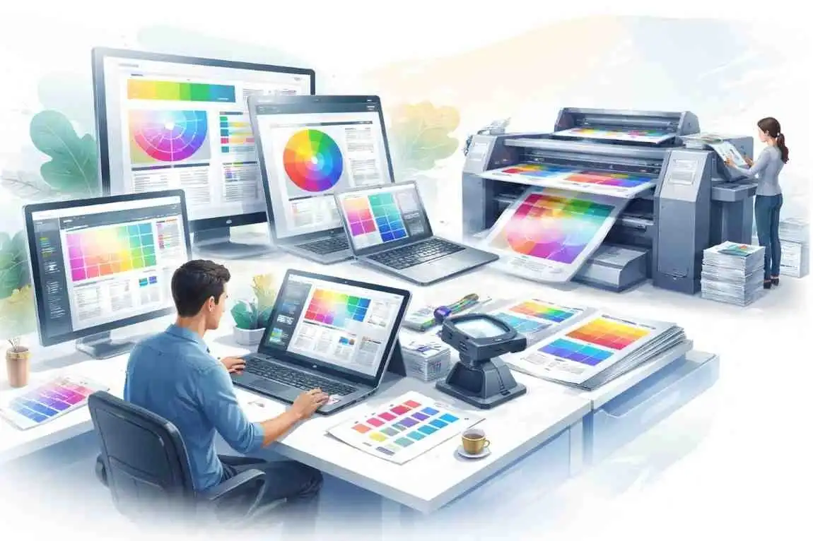 Prepress experts checking a color proof on press