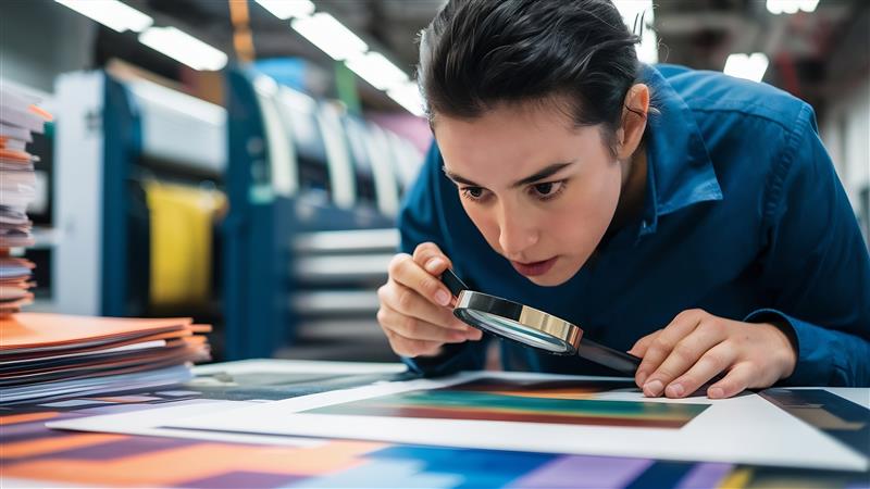 Prepress experts checking a color proof on press