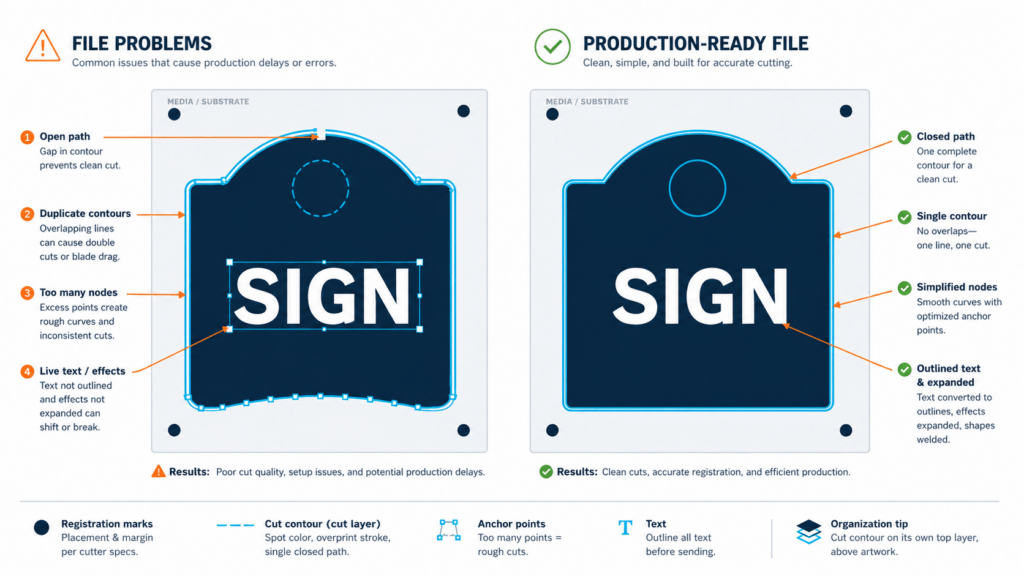 Comparison of a sign file with common problems versus a production-ready file